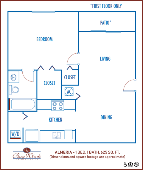 Floor plan for 1 bed, 1 bath, 652 sqft